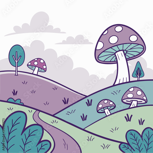 Whimsical fantasy landscape with giant mushrooms and rolling hills, illustrated in a charming, cartoonish style with a pastel color palette.