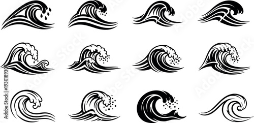 Set of black and white ocean wave vector illustrations in tribal surf style for tropical sea logos and beach designs