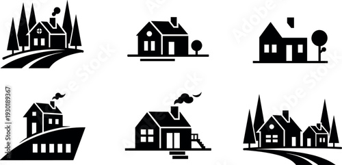 Set of black house icons featuring rural cottages, forest cabins with pine trees, smoking chimneys, and minimalist home architecture silhouettes.