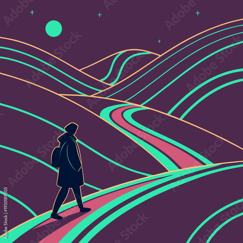 Person with backpack walking on abstract wavy hills with glowing lines, spiritual journey and mindfulness concept, vibrant futuristic landscape.
