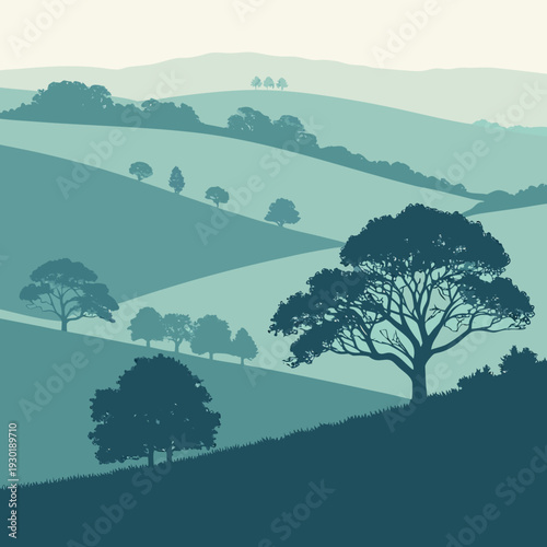Tranquil teal and blue landscape of rolling hills and silhouetted trees.