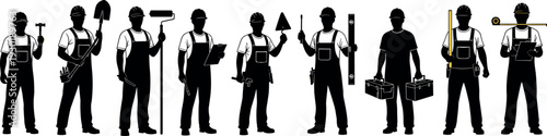 Set of construction workers silhouettes with tools including carpenter painter mason and handyman for industrial building project and renovation service