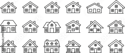 Set of Eighteen Minimalist House Line Icons Featuring Various Architectural Styles Roof Designs Windows and Chimneys for Real Estate Development