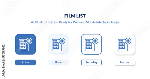 film list 4-state UI button. Outline icon kit from user interface collection. Thin linear film list, video, film editable vector. Minimal film list sign for web and mobile interface