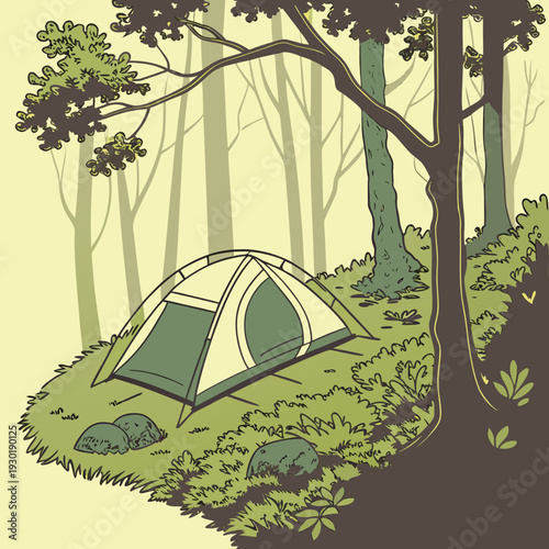 Cozy tent pitched on a grassy clearing in a stylized forest, with large trees casting shadows and a soft yellow background suggesting a peaceful camping trip.