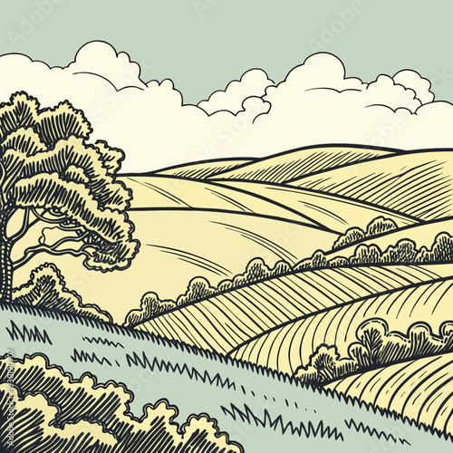 Vintage Engraved Rural Landscape Illustration with Rolling Agricultural Fields, Lush Bushes, a Solitary Tree, and Fluffy Clouds.