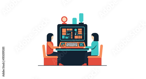 Two women collaborating on complex data analysis at a sophisticated technology control panel