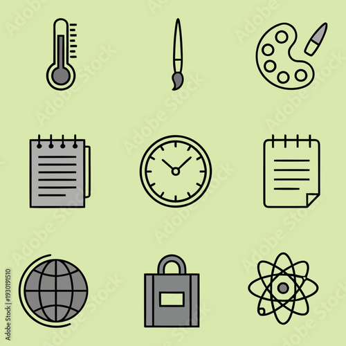 Collection of educational and artistic icons representing learning and creativity in a simple design style