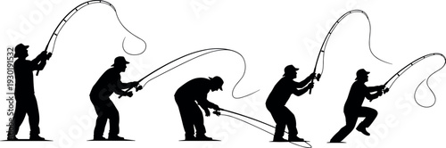 Silhouette set of fisherman characters in various poses casting fly fishing rods isolated on white background for outdoor sport design