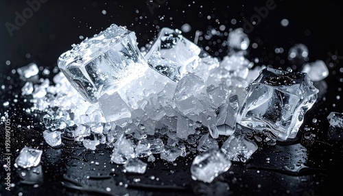 Dynamic close-up of crystalline ice cubes shattering against a dark background with water droplets.