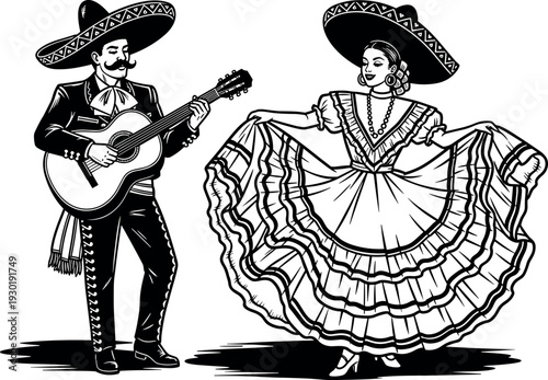Traditional Mexican Mariachi Musician Playing Guitar and Folklorico Dancer in Ruffled Dress Performing Folk Dance in Vintage Woodcut Style Illustration