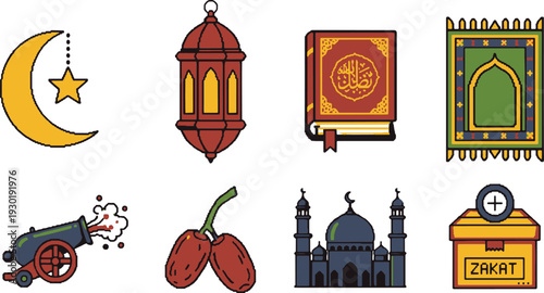 Ramadan and Islamic Flat Icon Set. Mosque, Quran, Lantern, Dates, and Zakat Box Symbols Isolated.