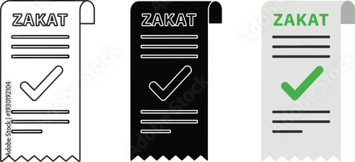 Zakat Receipt Icon Set With Checkmark For Islamic Charity Donation Confirmation