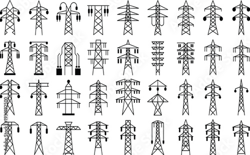 Collection of High Voltage Power Transmission Tower Silhouettes Isolated on White Background for Electrical Engineering Design Projects