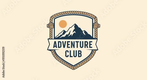 Adventure Club Emblem with Mountain and Sun Design.