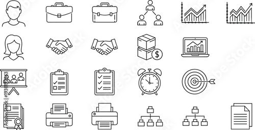 Business management and finance line icons set, corporate strategy teamwork outline vector collection, minimal black white illustration