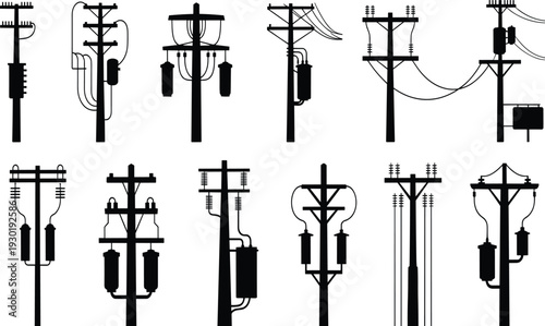 Set of Twelve Different Electrical Utility Poles and Power Distribution Towers Isolated on White Background for Design