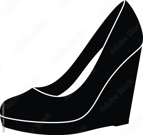 Black silhouette of a woman's stylish wedge heel shoe isolated on a white background