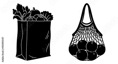 Black reusable shopping bags filled with fresh groceries and fruits Vector, illustration