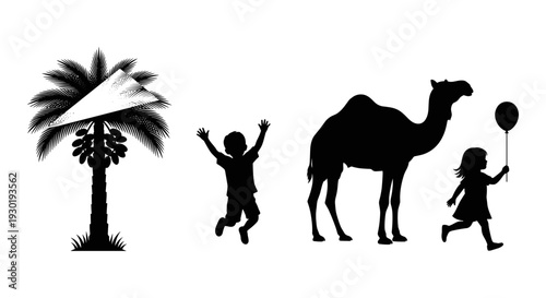 Children enjoying a playful moment with a camel under a palm tree in a desert setting Vector, illustration