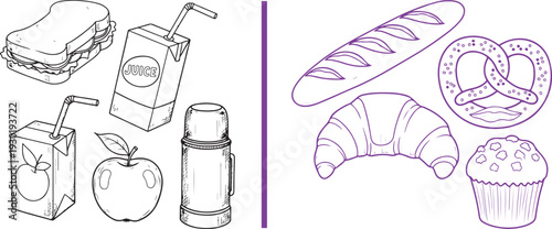 A delightful vector set featuring black and white lunch items like a sandwich and juice box, paired with purple line-art bakery treats including a croissant, pretzel, and muffin.