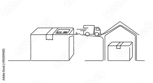 Delivery truck moving boxes from warehouse to large package, logistics concept