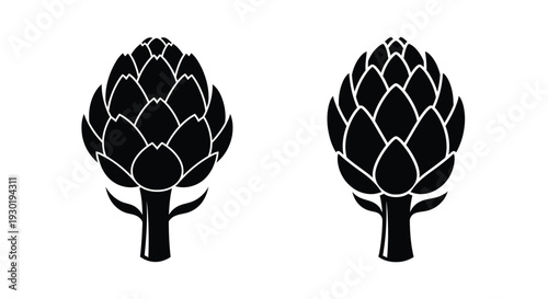 Two artichoke heads displayed in a stark black silhouette