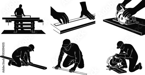 Black silhouettes of carpenters and woodworkers using power saws and measuring tools for professional woodworking timber cutting and industrial construction craftsmanship on white background
