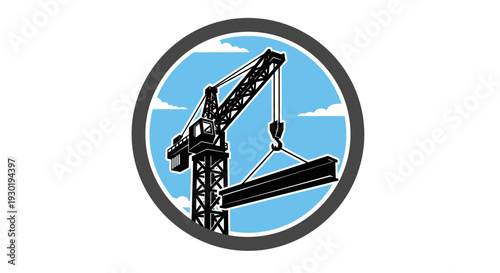 Construction crane lifting a heavy steel beam against a blue sky.