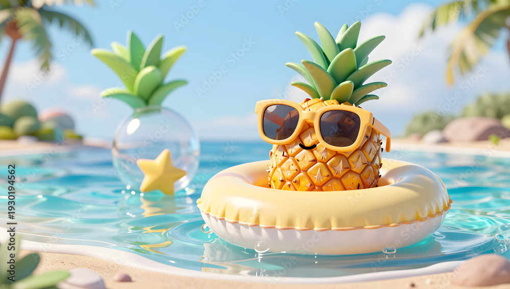 Obraz premium Tropical Paradise Pineapple: Two charming pineapples enjoy a relaxing day at a sun-kissed beach, one sporting sunglasses and floating in a yellow tube