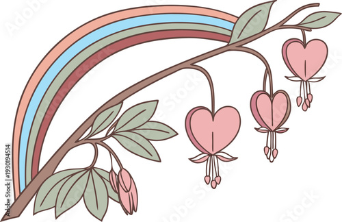 Pink bleeding heart flowers under rainbow