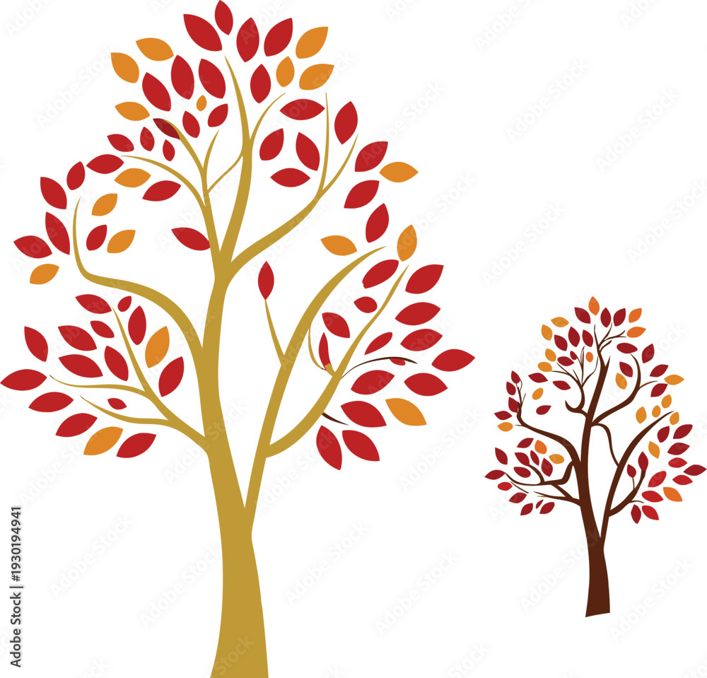 Obraz premium Two trees with red and orange leaves on white background autumn fall