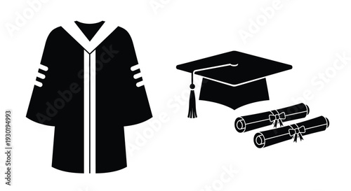 Graduation attire including gown cap and diplomas black silhouette