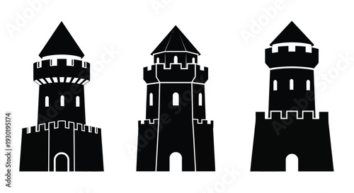 Three dark castles stand prominently against a white background silhouette