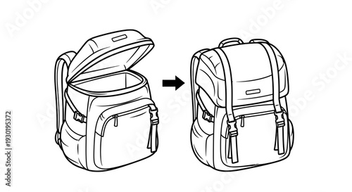 Backpack open and closed, illustration of packing and unpacking a bag
