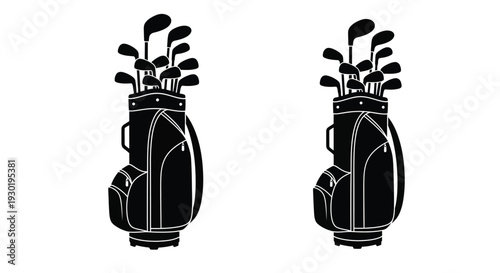 Two golf bags stand side by side in a stark graphic silhouette