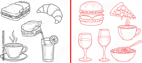 Vector line art featuring black outlines of a sandwich, croissant, and coffee, paired with red icons of a burger, pizza, wine, and soup. Ideal for cafe and bistro menu branding.
