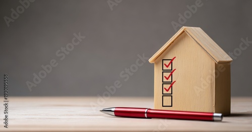 The House Model with Checked Checklist and Red Pen on Wooden Table Surface