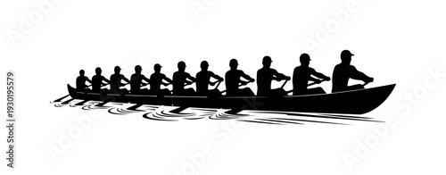 Team Rowing in Long Boat Vector Illustration