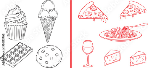 Vector set featuring black outlines of desserts like cupcakes and ice cream, paired with red line art of pizza, pasta, wine, and cheese. Perfect for restaurant and bakery branding.
