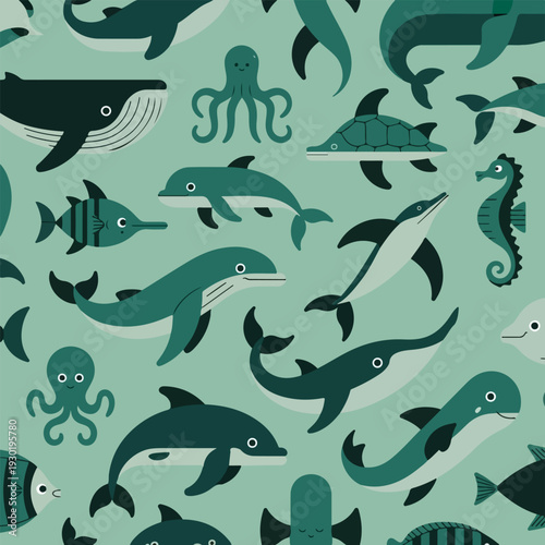 Flat Sea Creature Seamless Pattern with Whales and Dolphins for Kids Decor