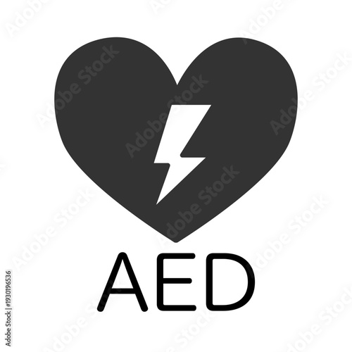 白と黒で表したシンプルなAEDマークのイラスト　ハートに雷、電気ショック、