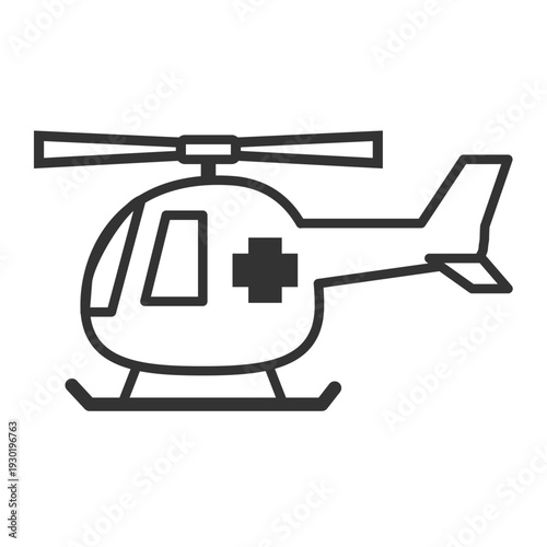 太線アウトラインのドクターヘリアイコン 側面モノクロ医療車両イラスト フラットベクター素材