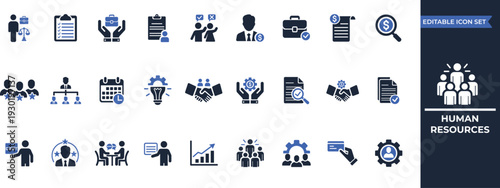 Human resources icon collection. Teamwork, communication, partnership, planning, profit, motivation, recruitment, leadership, and cooperation icons.