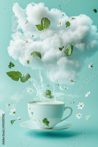 Cup with hot herbal tea on pastel blue background