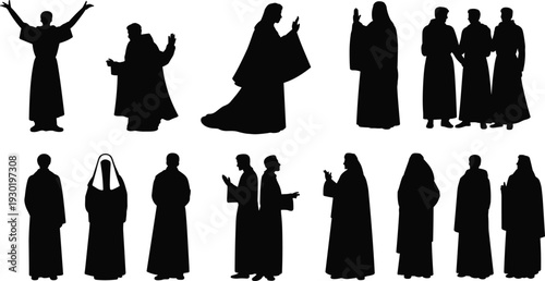 Set of priest silhouette vector illustrations featuring christian monks and nuns in traditional robes praying standing and gesturing isolated on a white background.