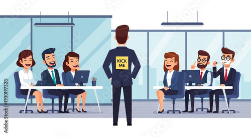 Businessman standing confidently in office meeting room with coworkers sitting around tables