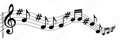 Musical notes and symbols form a flowing decorative black and white design