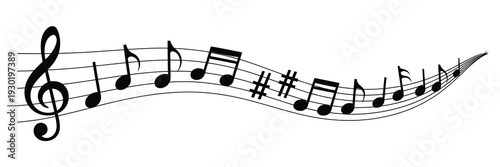 A flowing musical staff with notes and symbols in black and white