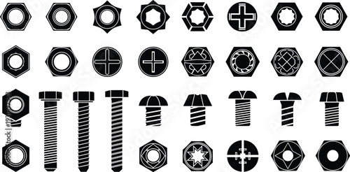 Large collection of bolt and nut icons silhouette isolated on white, metal hardware fastener vector set, industrial screw head top view gear elements
